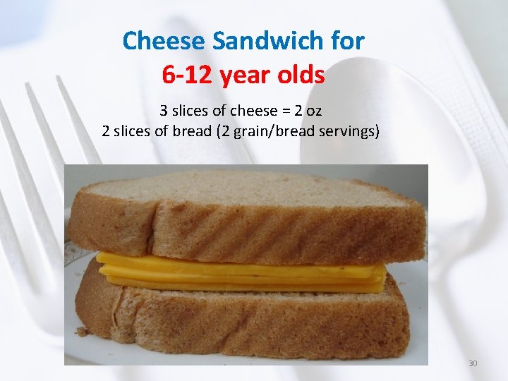 Cheese Sandwich for 6 -12 year olds 3 slices of cheese = 2 oz