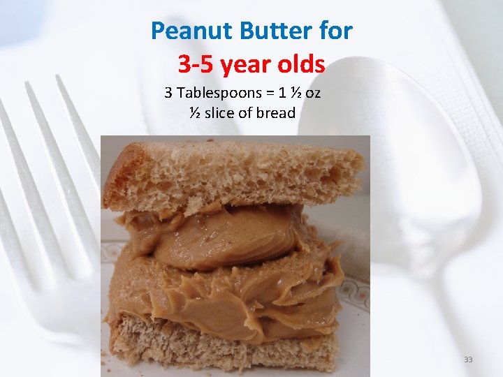 Peanut Butter for 3 -5 year olds 3 Tablespoons = 1 ½ oz ½