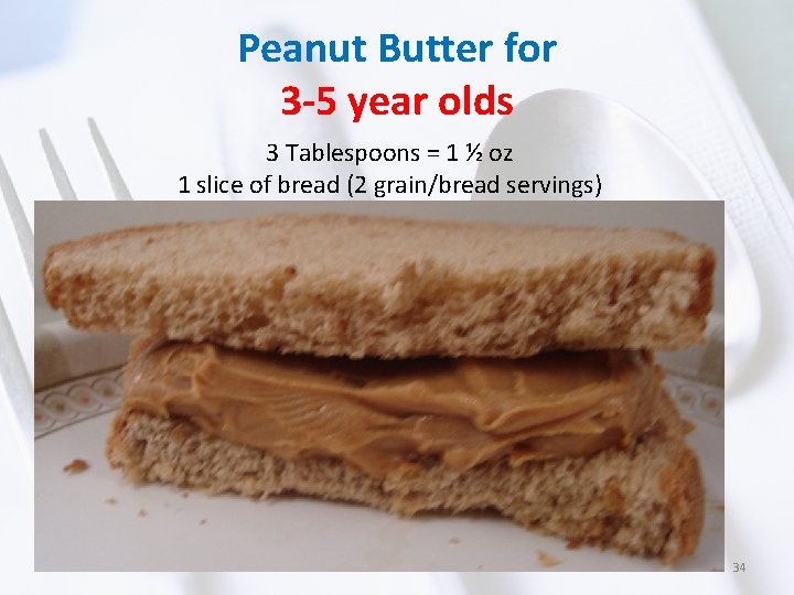 Peanut Butter for 3 -5 year olds 3 Tablespoons = 1 ½ oz 1