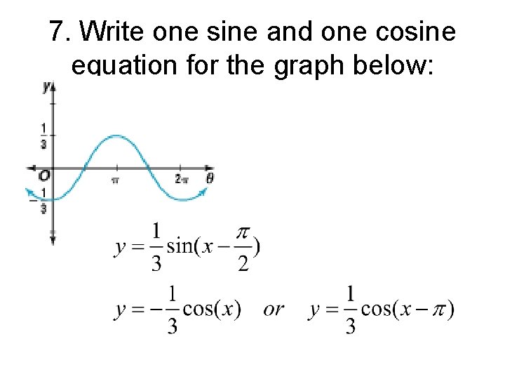 7. Write one sine and one cosine equation for the graph below: 