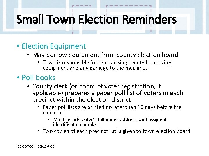 Small Town Election Reminders • Election Equipment • May borrow equipment from county election