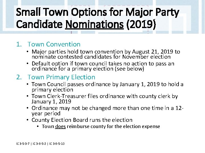 Small Town Options for Major Party Candidate Nominations (2019) 1. Town Convention • Major