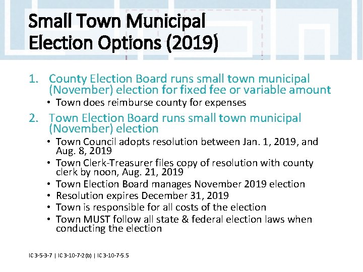 Small Town Municipal Election Options (2019) 1. County Election Board runs small town municipal