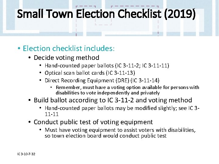 Small Town Election Checklist (2019) • Election checklist includes: • Decide voting method •