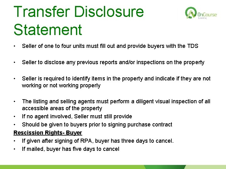 Transfer Disclosure Statement • Seller of one to four units must fill out and