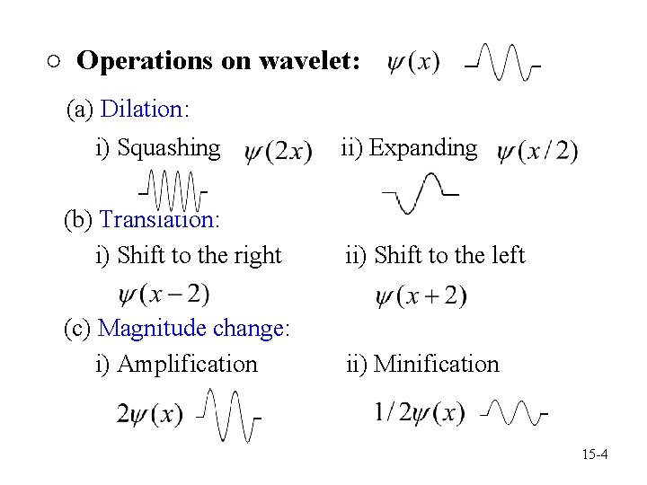 ○ Operations on wavelet: (a) Dilation: i) Squashing ii) Expanding (b) Translation: i) Shift