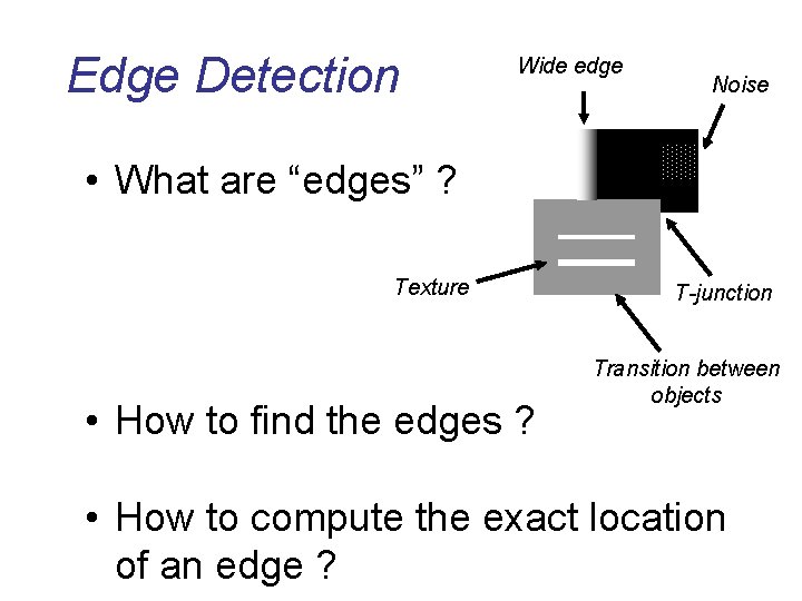 Edge Detection Wide edge Noise • What are “edges” ? Texture • How to