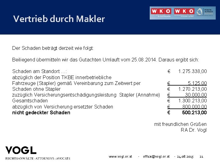 Vertrieb durch Makler Der Schaden beträgt derzeit wie folgt: Beiliegend übermitteln wir das Gutachten