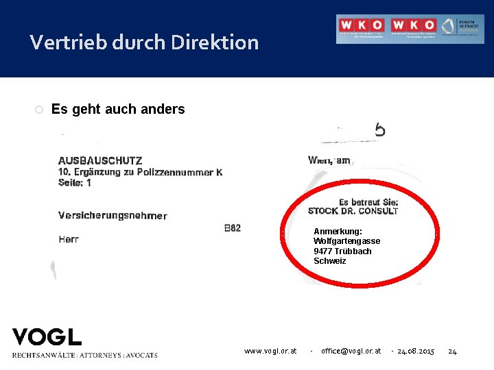 Vertrieb durch Direktion Es geht auch anders Anmerkung: Wolfgartengasse 9477 Trübbach Schweiz www. vogl.