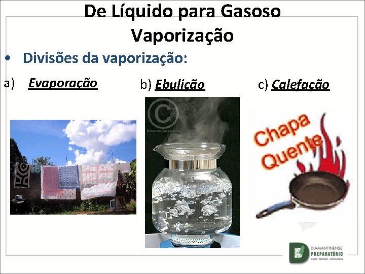 De Líquido para Gasoso Vaporização • Divisões da vaporização: a) Evaporação b) Ebulição c) De Líquido para Gasoso Vaporização • Divisões da vaporização: a) Evaporação b) Ebulição c)