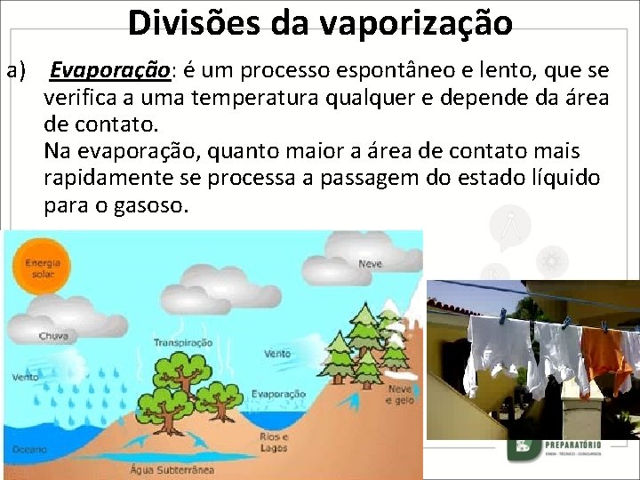 Divisões da vaporização a) Evaporação: é um processo espontâneo e lento, que se verifica Divisões da vaporização a) Evaporação: é um processo espontâneo e lento, que se verifica