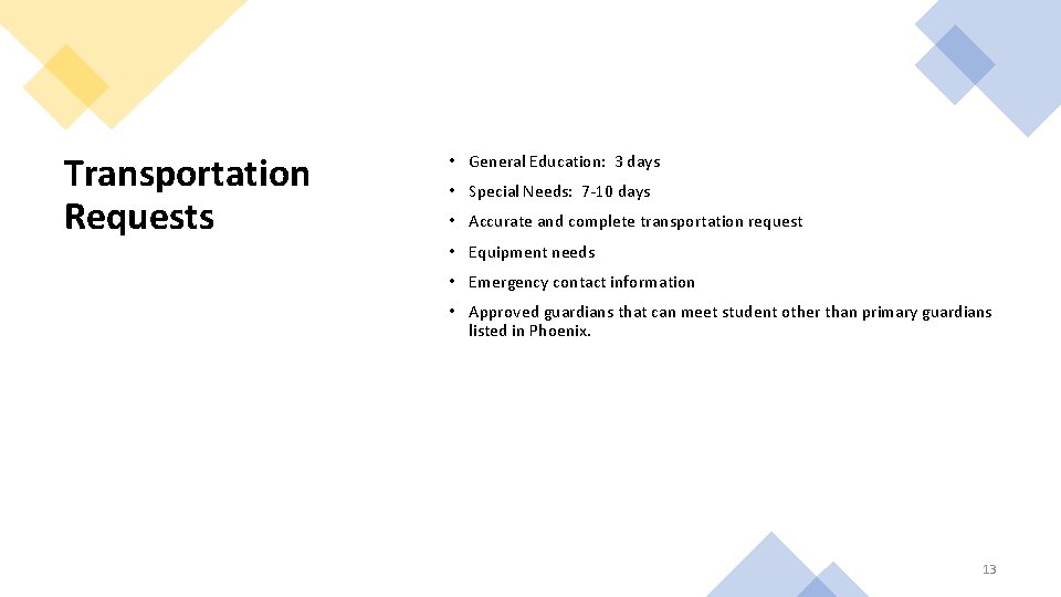 Transportation Requests • General Education: 3 days • Special Needs: 7 -10 days •