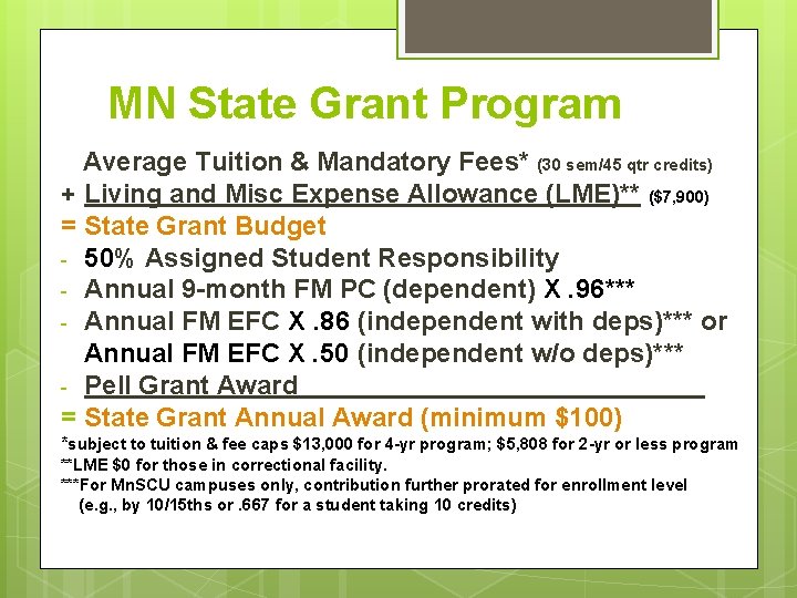 MN State Grant Program Average Tuition & Mandatory Fees* (30 sem/45 qtr credits) +