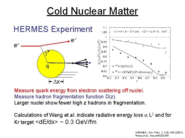 Cold Nuclear Matter HERMES Experiment e+ e+ g* q Dx Measure quark energy from
