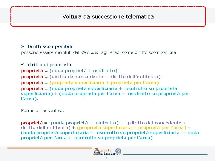 Voltura da successione telematica Ø Diritti scomponibili possono essere devoluti dal de cuius agli