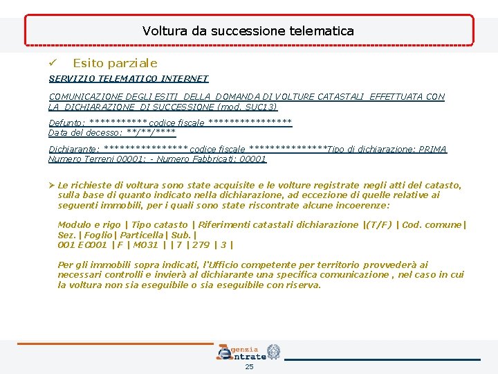 Voltura da successione telematica ü Esito parziale SERVIZIO TELEMATICO INTERNET COMUNICAZIONE DEGLI ESITI DELLA