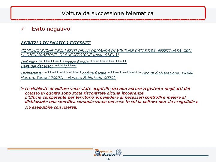 Voltura da successione telematica ü Esito negativo SERVIZIO TELEMATICO INTERNET COMUNICAZIONE DEGLI ESITI DELLA