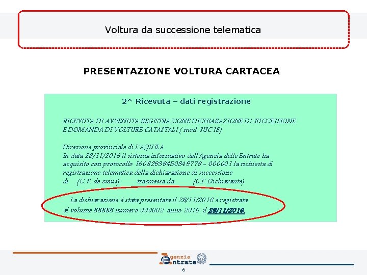 Voltura da successione telematica PRESENTAZIONE VOLTURA CARTACEA 2^ Ricevuta – dati registrazione RICEVUTA DI