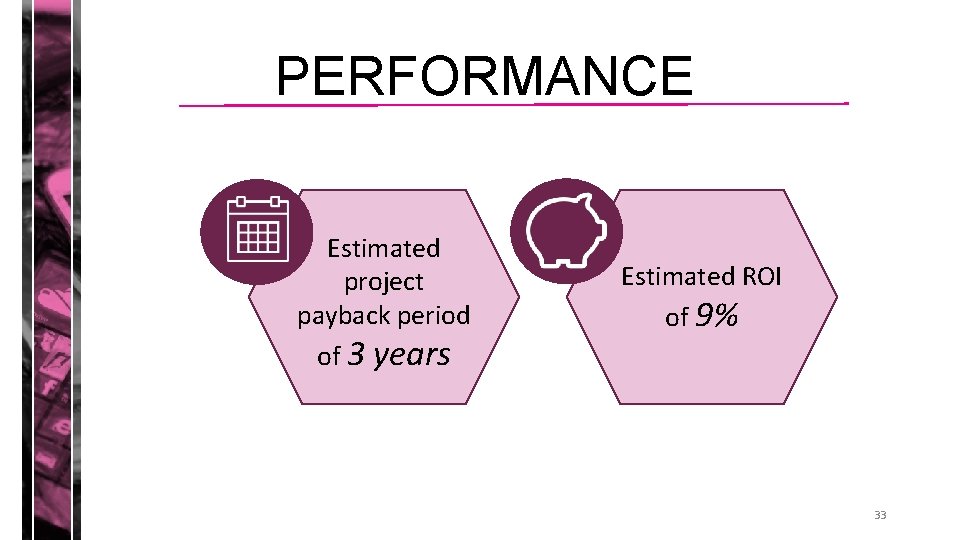 PERFORMANCE Estimated project payback period of 3 years Estimated ROI of 9% 33 