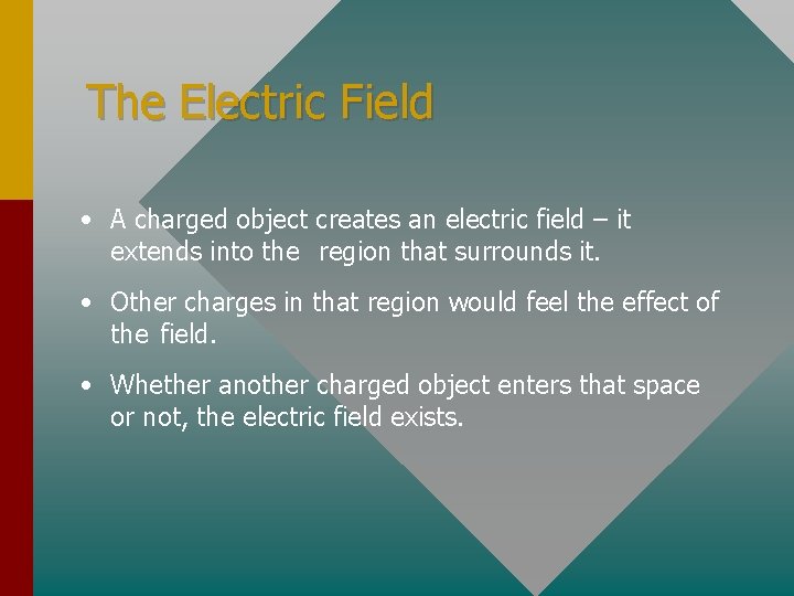 The Electric Field • A charged object creates an electric field – it extends