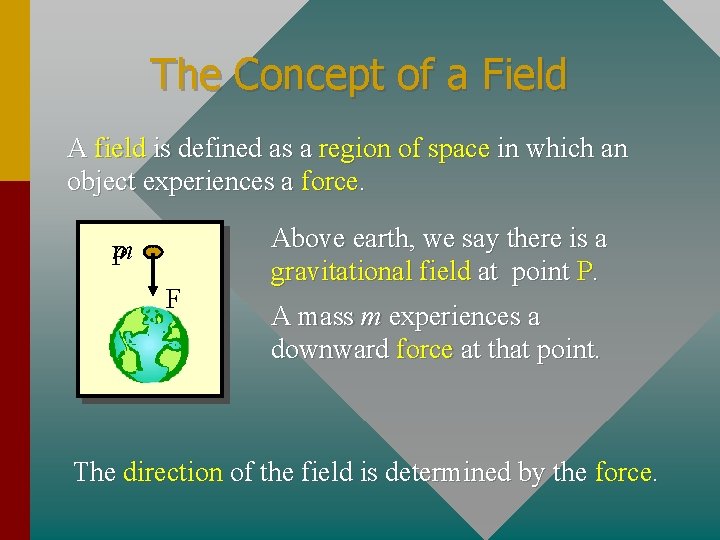 The Concept of a Field A field is defined as a region of space