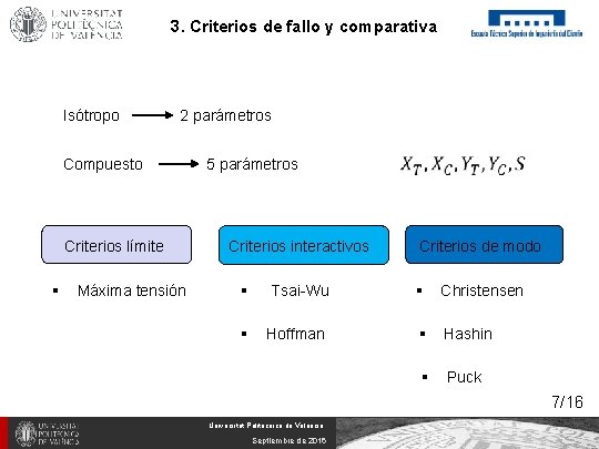 3. Criterios de fallo y comparativa Isótropo 2 parámetros Compuesto Criterios límite § Máxima