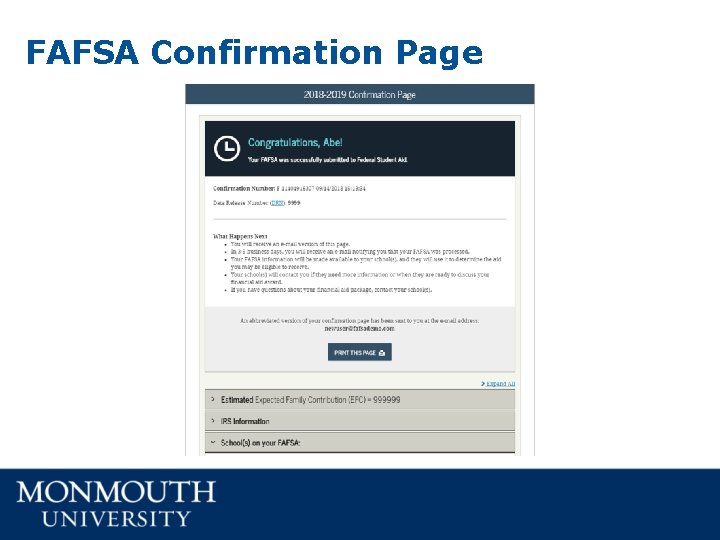 FAFSA Confirmation Page FAFSA Confirmation Page