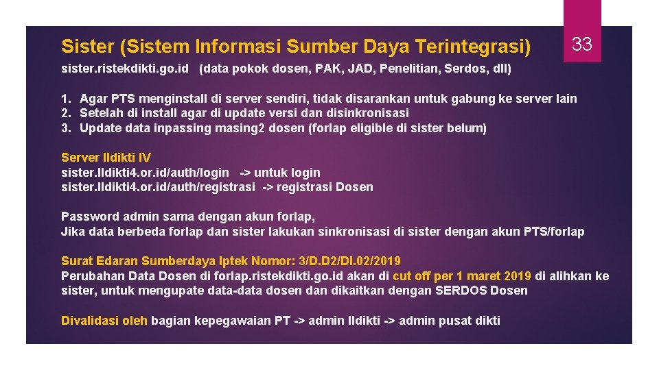 Sister (Sistem Informasi Sumber Daya Terintegrasi) 33 sister. ristekdikti. go. id (data pokok dosen,