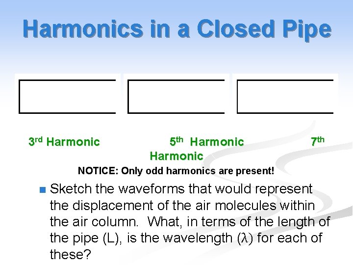 Harmonics in a Closed Pipe 3 rd Harmonic 5 th Harmonic 7 th NOTICE: