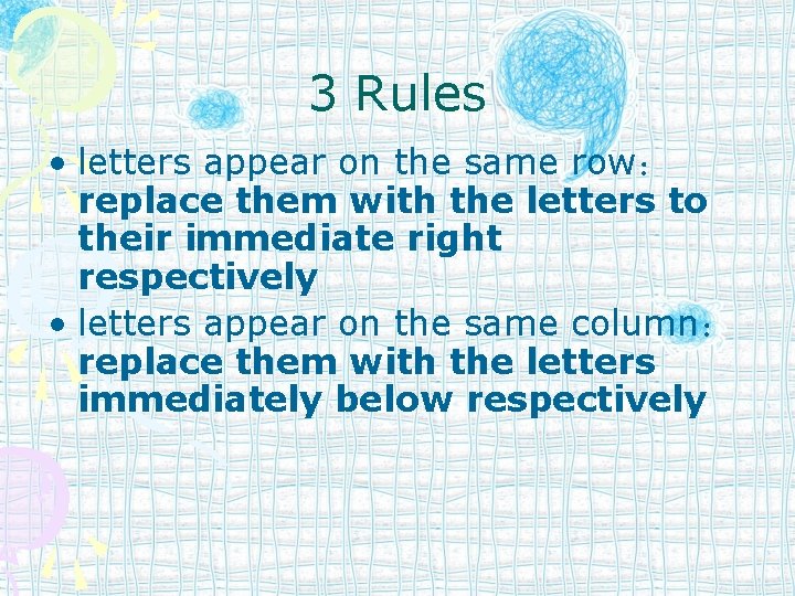 3 Rules • letters appear on the same row： replace them with the letters