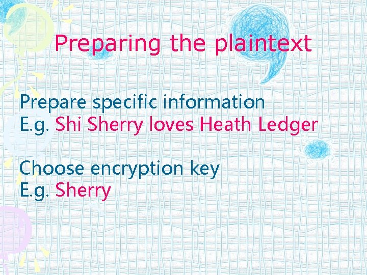 Preparing the plaintext Prepare specific information E. g. Shi Sherry loves Heath Ledger Choose