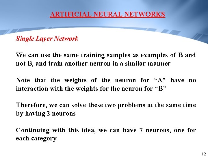 ARTIFICIAL NEURAL NETWORKS Single Layer Network We can use the same training samples as