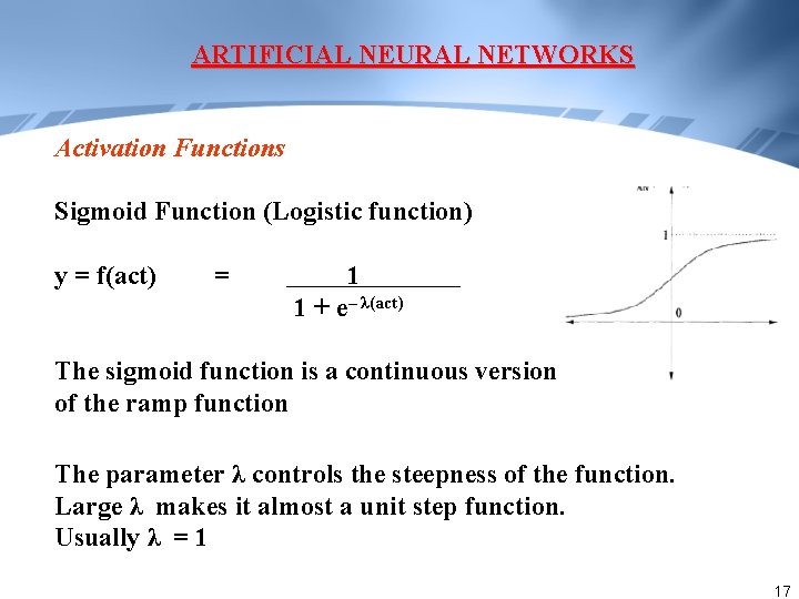 ARTIFICIAL NEURAL NETWORKS Activation Functions Sigmoid Function (Logistic function) y = f(act) = 1