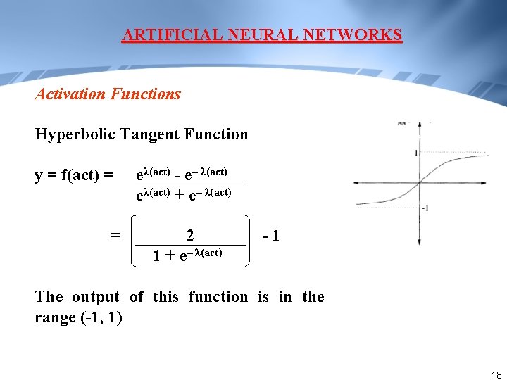 ARTIFICIAL NEURAL NETWORKS Activation Functions Hyperbolic Tangent Function y = f(act) = = eλ(act)