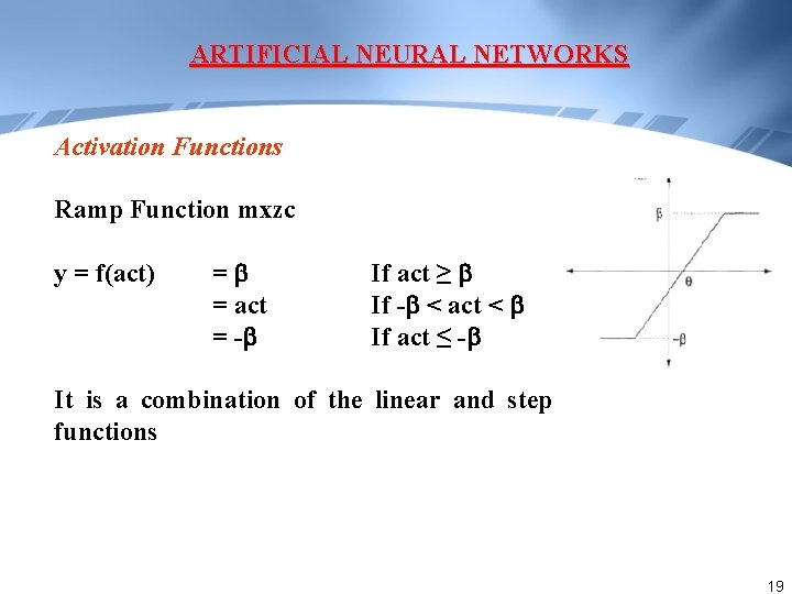 ARTIFICIAL NEURAL NETWORKS Activation Functions Ramp Function mxzc y = f(act) = = act ARTIFICIAL NEURAL NETWORKS Activation Functions Ramp Function mxzc y = f(act) = = act