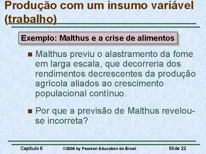 Produção com um insumo variável (trabalho) Exemplo: Malthus e a crise de alimentos n