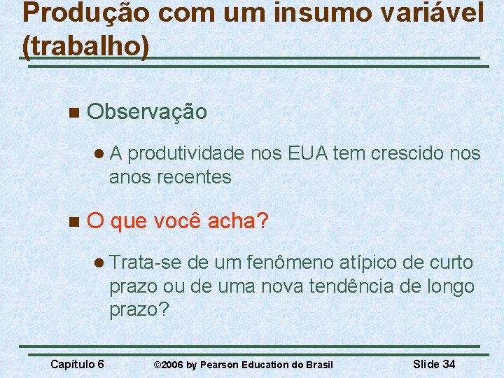 Produção com um insumo variável (trabalho) n Observação l. A produtividade nos EUA tem