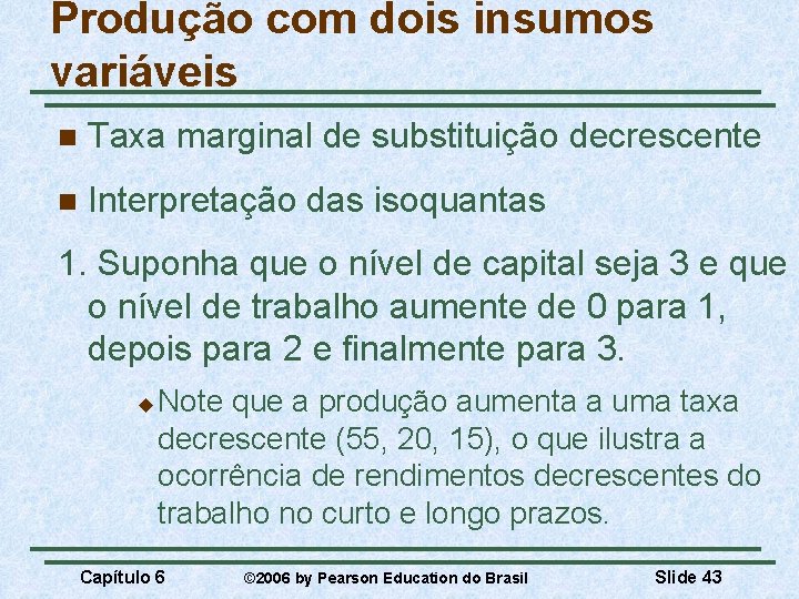 Produção com dois insumos variáveis n Taxa marginal de substituição decrescente n Interpretação das