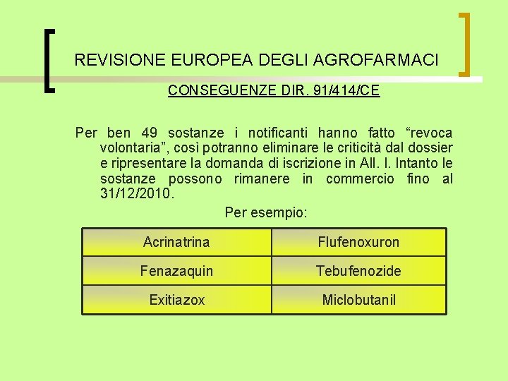 REVISIONE EUROPEA DEGLI AGROFARMACI CONSEGUENZE DIR. 91/414/CE Per ben 49 sostanze i notificanti hanno