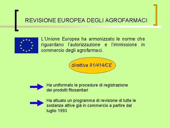 REVISIONE EUROPEA DEGLI AGROFARMACI L’Unione Europea ha armonizzato le norme che riguardano l’autorizzazione e