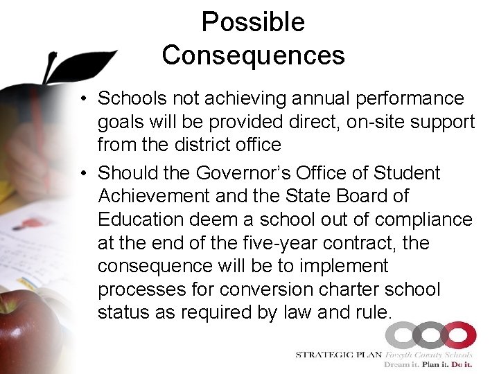 Possible Consequences • Schools not achieving annual performance goals will be provided direct, on-site