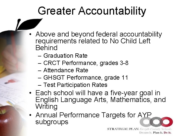 Greater Accountability • Above and beyond federal accountability requirements related to No Child Left