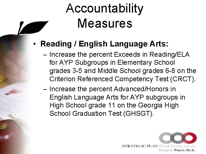 Accountability Measures • Reading / English Language Arts: – Increase the percent Exceeds in