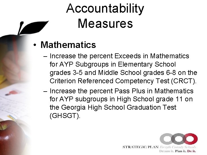 Accountability Measures • Mathematics – Increase the percent Exceeds in Mathematics for AYP Subgroups