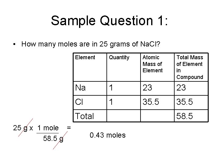 Sample Question 1: • How many moles are in 25 grams of Na. Cl?