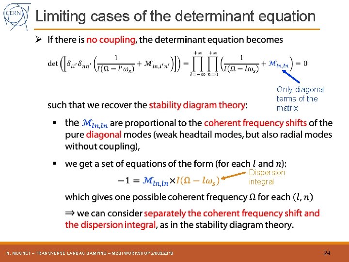 Limiting cases of the determinant equation Only diagonal terms of the matrix Dispersion integral