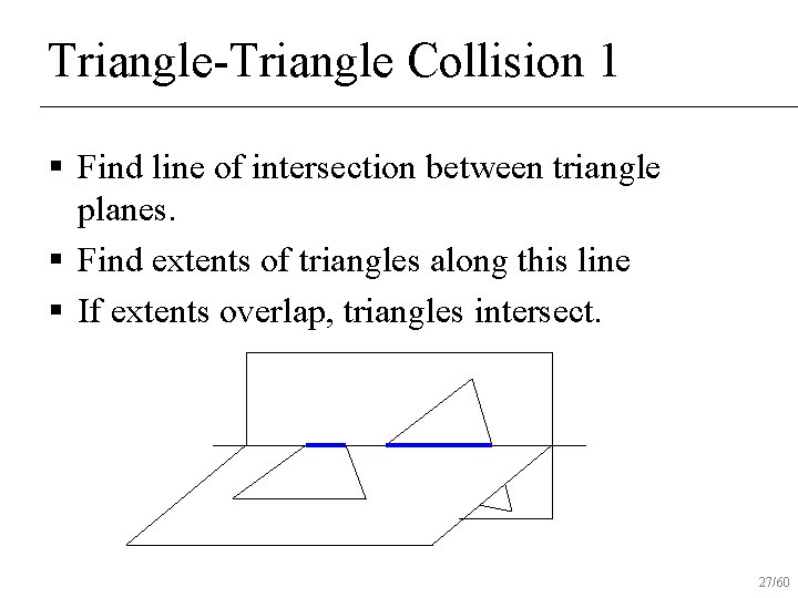 Triangle-Triangle Collision 1 § Find line of intersection between triangle planes. § Find extents