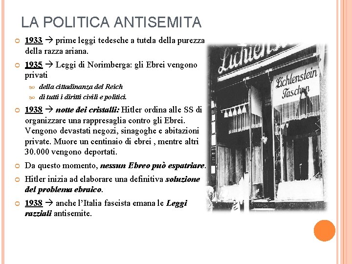 LA POLITICA ANTISEMITA 1933 prime leggi tedesche a tutela della purezza della razza ariana.