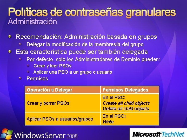 Políticas de contraseñas granulares Administración Recomendación: Administración basada en grupos Delegar la modificación de