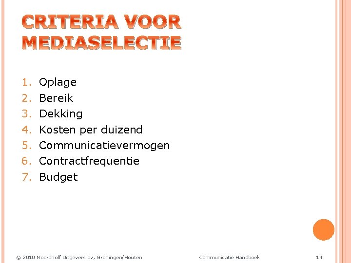 CRITERIA VOOR MEDIASELECTIE 1. 2. 3. 4. 5. 6. 7. Oplage Bereik Dekking Kosten